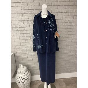 Country Wear Casuals Navy Blue Embroidered Velvet Dress & Jacket Set Size M NWT